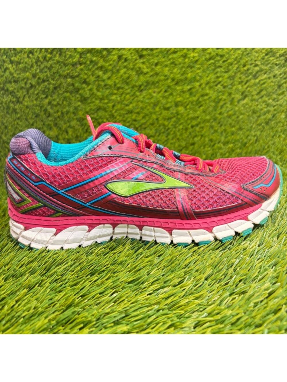 Brooks Adrenaline GTS 15 Womens Size 8 Pink Lime Athletic Running Shoes Sneakers